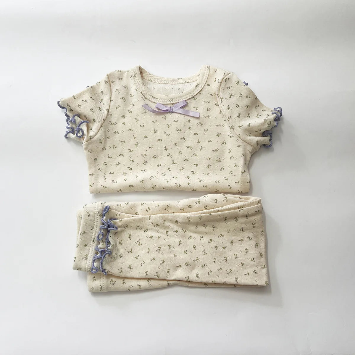 Cherry Print Girls Cotton Pajama Set, Cream Long Sleeve Top and Matching Pants with Red Picot Trim, Two-Piece Toddler Homewear, 1-6T