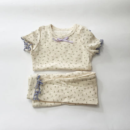 Cherry Print Girls Cotton Pajama Set, Cream Long Sleeve Top and Matching Pants with Red Picot Trim, Two-Piece Toddler Homewear, 1-6T