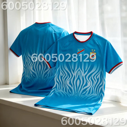 DR Congo Soccer Shirt with Blue Graphic Pattern and Red Trim, Unisex Short Sleeve Crewneck Football Fan Top for Kids and Adults