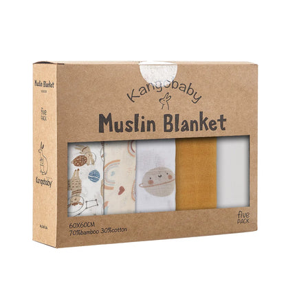 Bamboo Cotton Muslin Blanket Set, 5-Pack 60 x 60 cm Baby Cloths for Burping, Everyday Feeding Cleanup and Baby Shower Gifts by Kangobaby