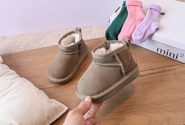 Toddler Plush Winter Booties with Contrast Stitching and Rear Pull Tabs, Camel, Black or Army Green Short Boots for Boys and Girls, Sizes 18-25