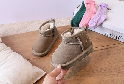 Toddler Plush Winter Booties with Contrast Stitching and Rear Pull Tabs, Camel, Black or Army Green Short Boots for Boys and Girls, Sizes 18-25
