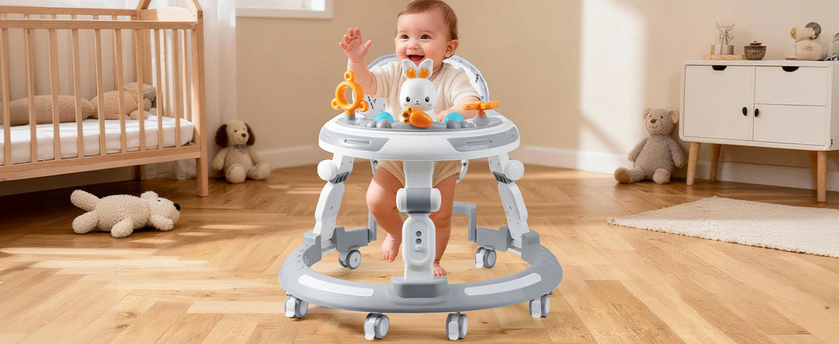 Baby Walker Activity Center in White, 4-in-1 Play Design with 3 Frame Height Settings, 5 Seat Adjustments and Wheeled Base for Indoor Use