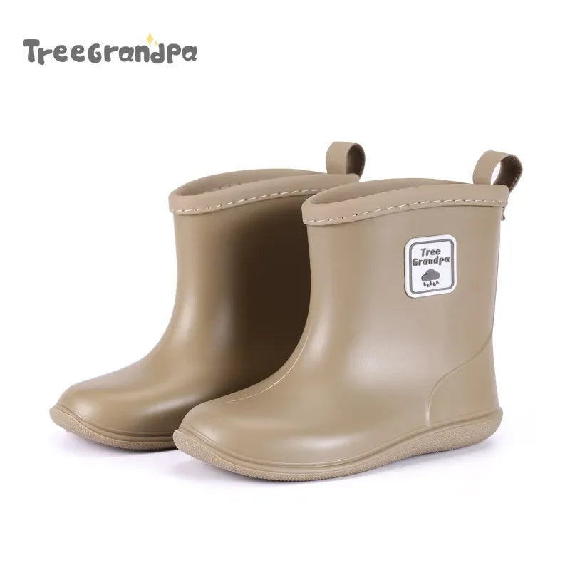 Solid Color Kids Rain Boots in PVC with Rear Pull Tabs, Mid-Calf Pull-On Rainy-Day Shoes for Boys and Girls, Eight Colors and Listed Sizes 5-12
