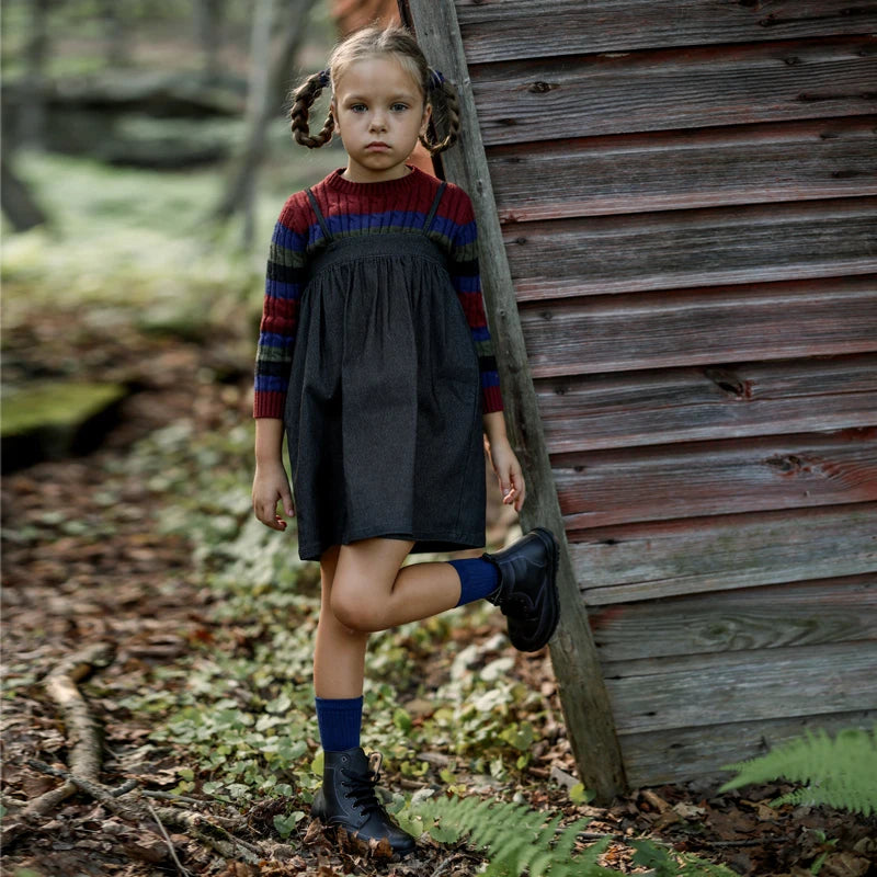 Striped Cable Knit Sibling Outfits with Dark Denim Jumper Dresses, Skirts and Pants, Coordinating Boys Girls Sweaters and Baby Romper Options