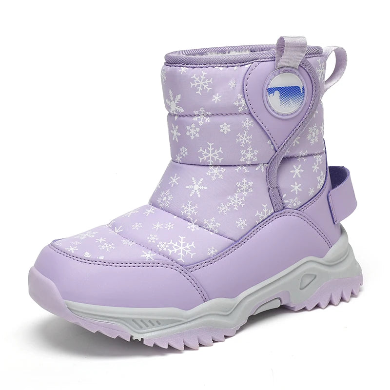 Snowflake Print Kids Winter Boots with Padded Shafts, Pull Tabs and Chunky Tread Soles, Pink Snow-Style Footwear for Boys and Girls