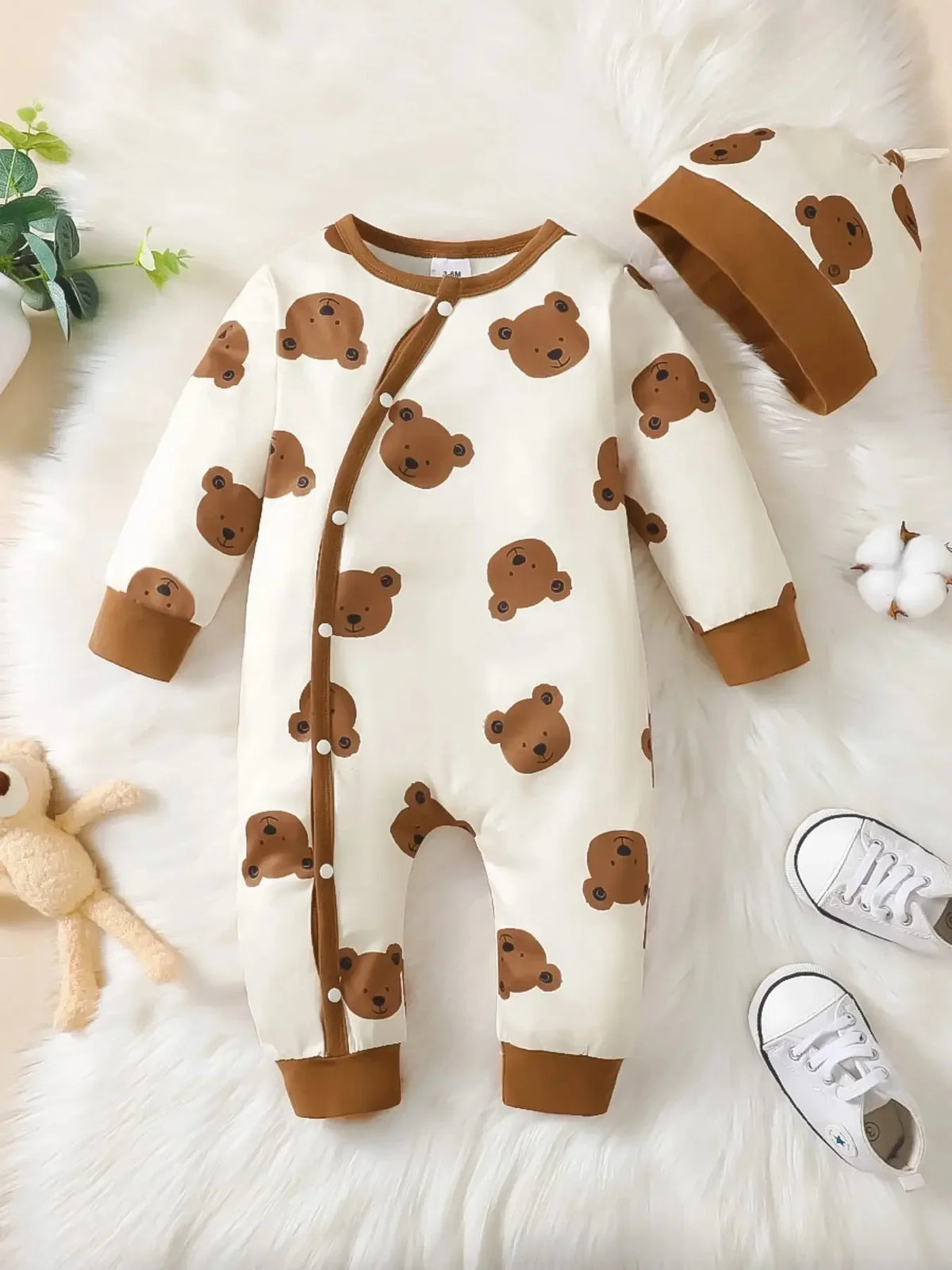 Bear Print Infant Romper with Long Sleeves and Front Fastenings, Contrast Trim and Footless Cuffs for Everyday Baby Outfits, Sizes 1-18 Months