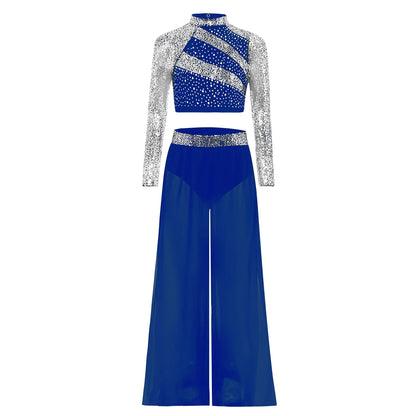 Girls Lyrical Dance Costume Set with Mock Neck Sparkle Top and Wide Leg Pants, Chiffon Overlay and Sleeveless Styles for Recitals and Stage Performances