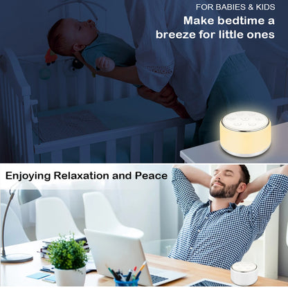 34-Sound White Noise Machine with 7-Color Dimmable Night Light, 32 Volume Levels, 30/60/90-Minute Timer and USB-C Rechargeable Battery
