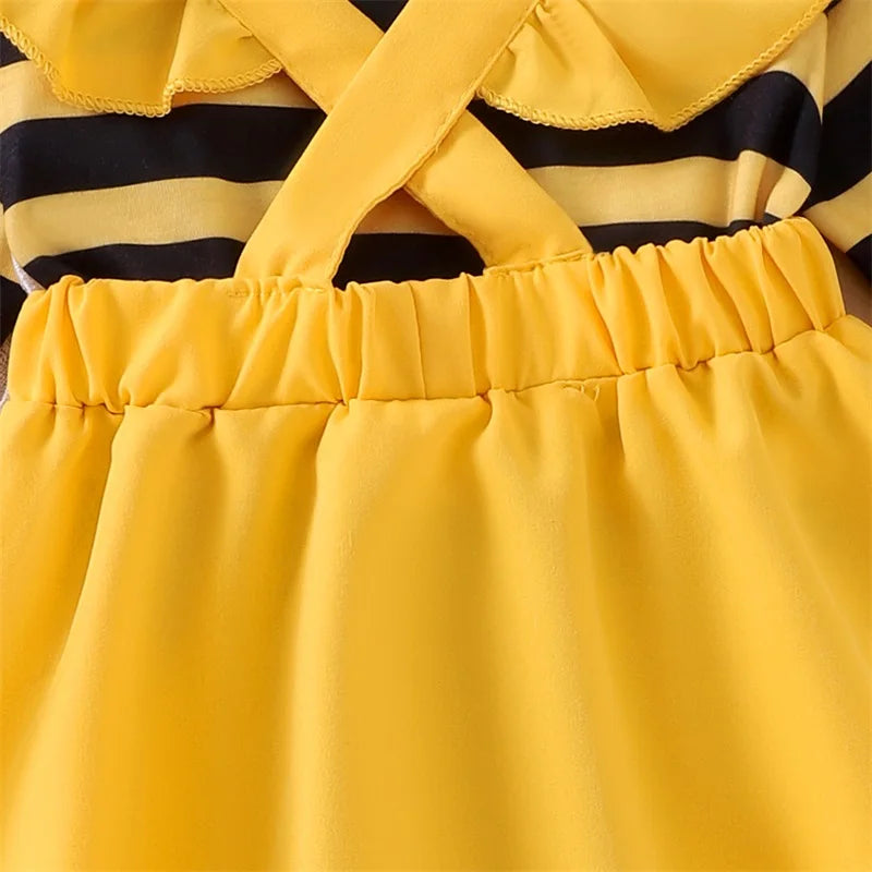 Baby Girl Halloween Bee Outfit 3-Piece Romper and Suspender Dress Set with Headband, Long Sleeve Fall Costume for Infants 0 to 18 Months