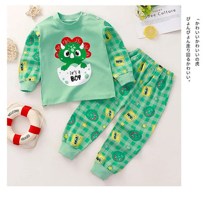 Dinosaur Print Kids Cotton Two-Piece Set with Long Sleeve Top and Matching Cuffed Pants, Unisex Baby and Toddler Outfit in Sizes 73-130