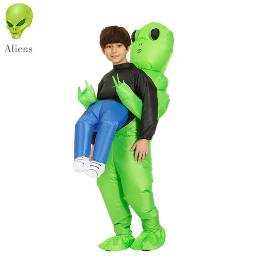 Inflatable Alien Carry-Me Costume for Kids and Adults, Green Abduction Illusion Suit with Air Pump for Halloween, Cosplay and Parties