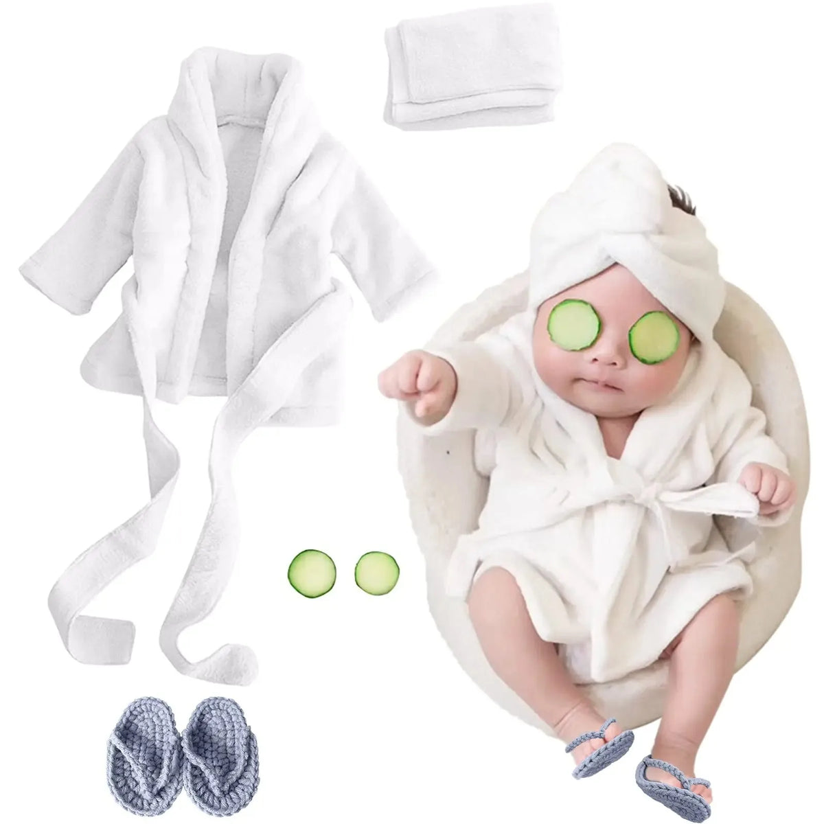 Baby Spa Photo Prop Set, 5-Piece Newborn Bathrobe Outfit with Towel, Slippers and Cucumber Props for Boys and Girls 0-6 Months
