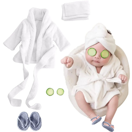 Baby Spa Photo Prop Set, 5-Piece Newborn Bathrobe Outfit with Towel, Slippers and Cucumber Props for Boys and Girls 0-6 Months
