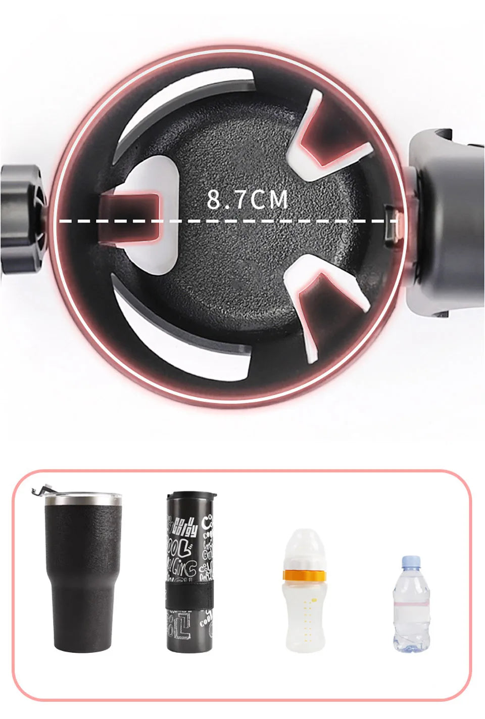 Stroller Bottle and Cup Holder with Clamp Mount and Optional Phone Slot, Single-Cup or Combination Storage Accessory for Walks and Family Outings