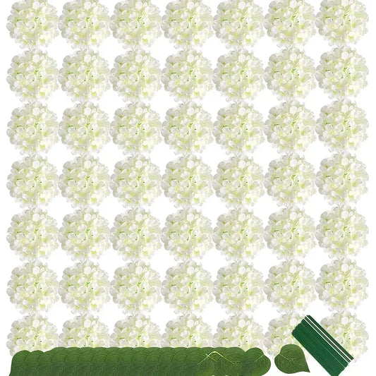 Artificial Hydrangea Flower Heads, 50-Piece Silk-Fabric Floral Set with Stem or Leaf Options for DIY Wedding Centerpieces, Baby Showers and Home Decor