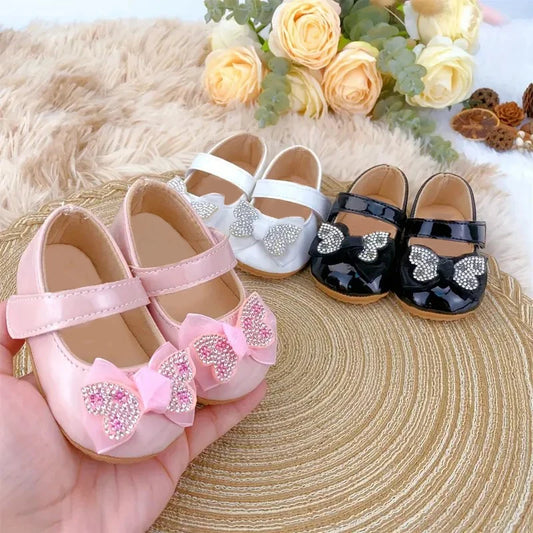 Baby Girl Mary Jane Shoes with Rhinestone Bow Details, Strap-Front Infant Dress Flats in Sizes 0-18 Months for Parties and Family Photos