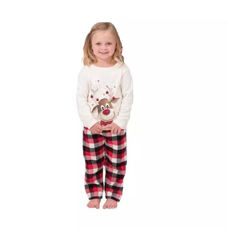 Reindeer Family Matching Pajamas with White Long Sleeve Tops and Red Black Plaid Pants, Christmas Outfits for Mom, Dad, Kids and Baby Size Options