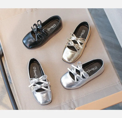 Girls Square-Toe Double-Bow Dress Flats with Cross-Strap Detail in Silver, Black or Gold for Party Outfits, Family Celebrations and Special Occasions