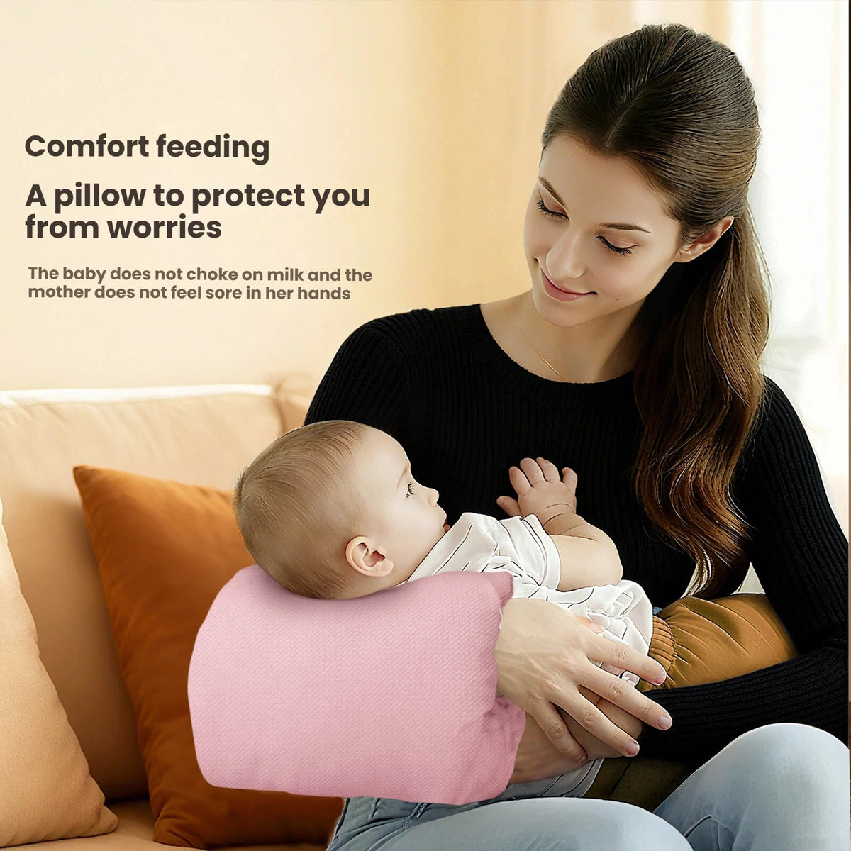 Nursing Arm Pillow for Breastfeeding, Plush Slip-On Feeding Cushion with Pink and Textured White Surfaces for Supervised Baby Feeding