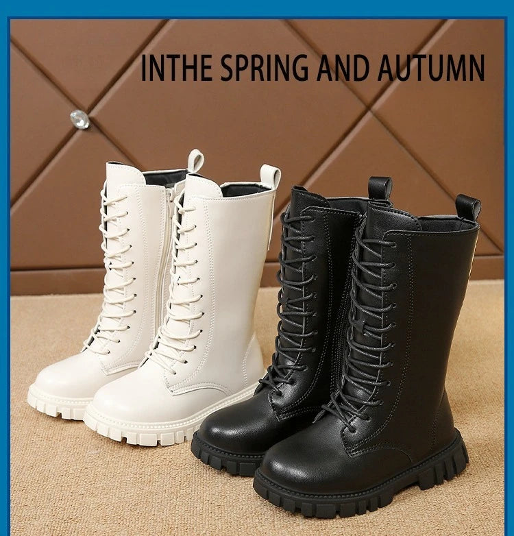 Girls Mid-Calf Lace-Up Boots with Side Zippers, Chunky Lug-Style Soles and Back Pull Tabs, Fall Winter Fashion Footwear in Sizes 27-36