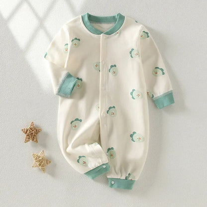 Long Sleeve Cotton Baby Romper with Front Snaps and Footless Cuffs, Animal Prints and Solid Colors for Boys and Girls, Sizes 59-90 cm