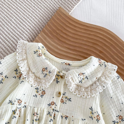 Lace Collar Baby Girl Romper with Bonnet, Cream Floral Long Sleeve Bubble One-Piece and Matching Hat for Spring Photos, Sizes 66-90