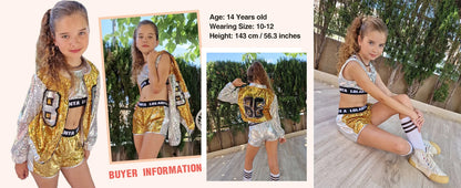 Girls Sequin Hip Hop Dance Costume Set with Metallic Trim Jacket, Crop Top, Shorts and Striped Socks for Jazz Recitals and Stage Performances