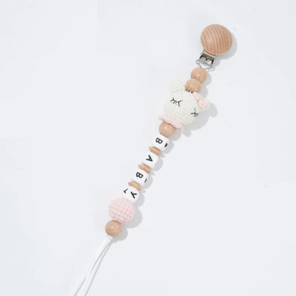 Custom Name Pacifier Clip with Crochet Animal Detail, Beech Wood Holder and Letter Beads, Personalized Baby Shower Gift for Everyday Outings