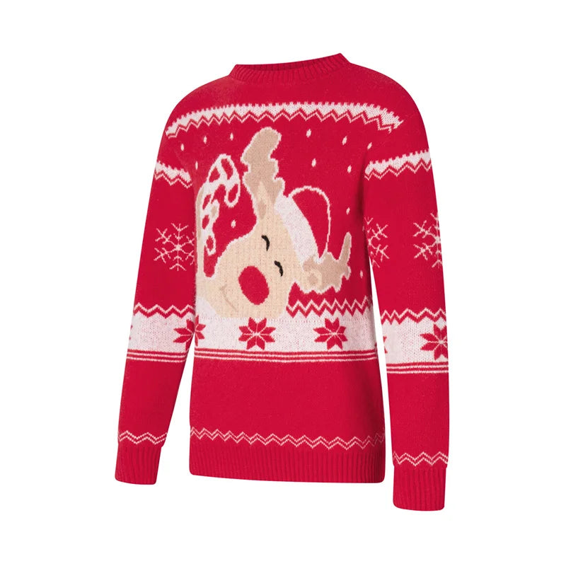 Reindeer Family Christmas Sweaters in Red or Green, Matching Mom Dad and Kids Long Sleeve Crewneck Pullovers for Holiday Photos and Parties