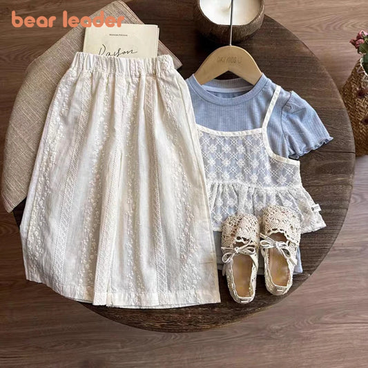 Girls Lace Overlay Outfit Set with Blue Short Sleeve Layered-Look Top and White Wide Leg Pants, Summer Clothing for Photos and Outings, 2Y-7Y