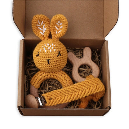Crochet Animal Rattle Set with Wooden Ring and Coordinating Accessories, Rabbit, Deer and More Designs for Supervised Play and Baby Shower Gifts