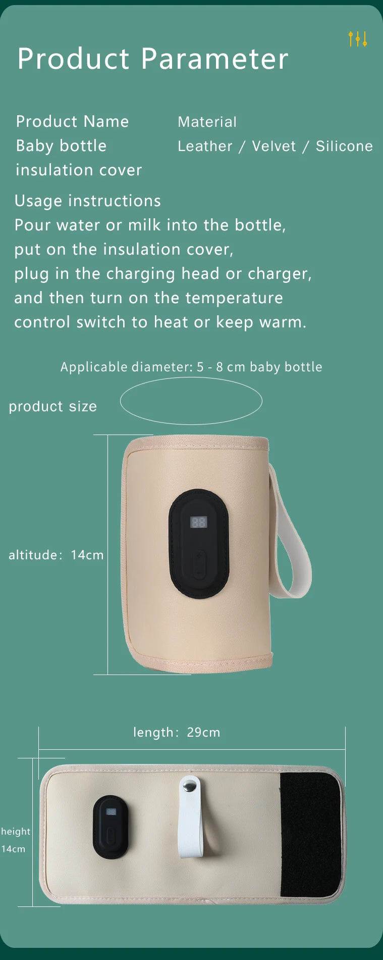Digital Bottle Warming Wrap with 21 Temperature Levels, USB Powered Baby Milk Warmer Sleeve for Travel Using a 5V 2A External Power Source