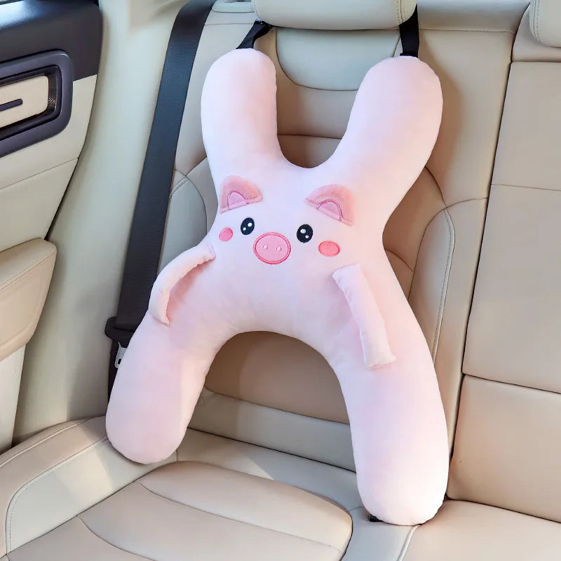 Kids Car Neck Pillow for Back Seat Travel, Child Head Support Accessory with Seat Belt Attachment for Road Trips and Long Drives