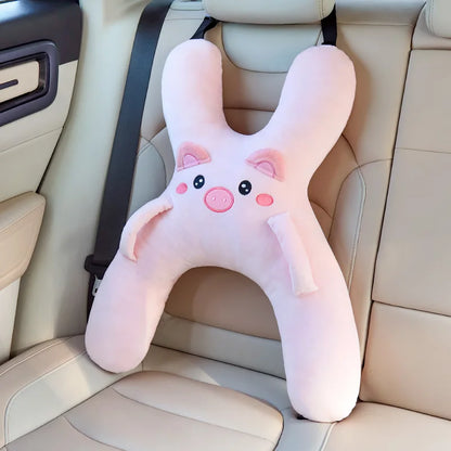 Kids Car Neck Pillow for Back Seat Travel, Child Head Support Accessory with Seat Belt Attachment for Road Trips and Long Drives