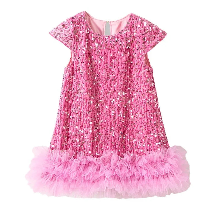 Girls Sequin Party Dress, Short Sleeve Sparkle Dress with Fluffy Mesh Ruffle Hem and Cotton Blend Lining for Birthdays and Holiday Photos, 2T-6T