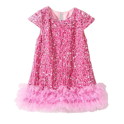 Girls Sequin Party Dress, Short Sleeve Sparkle Dress with Fluffy Mesh Ruffle Hem and Cotton Blend Lining for Birthdays and Holiday Photos, 2T-6T