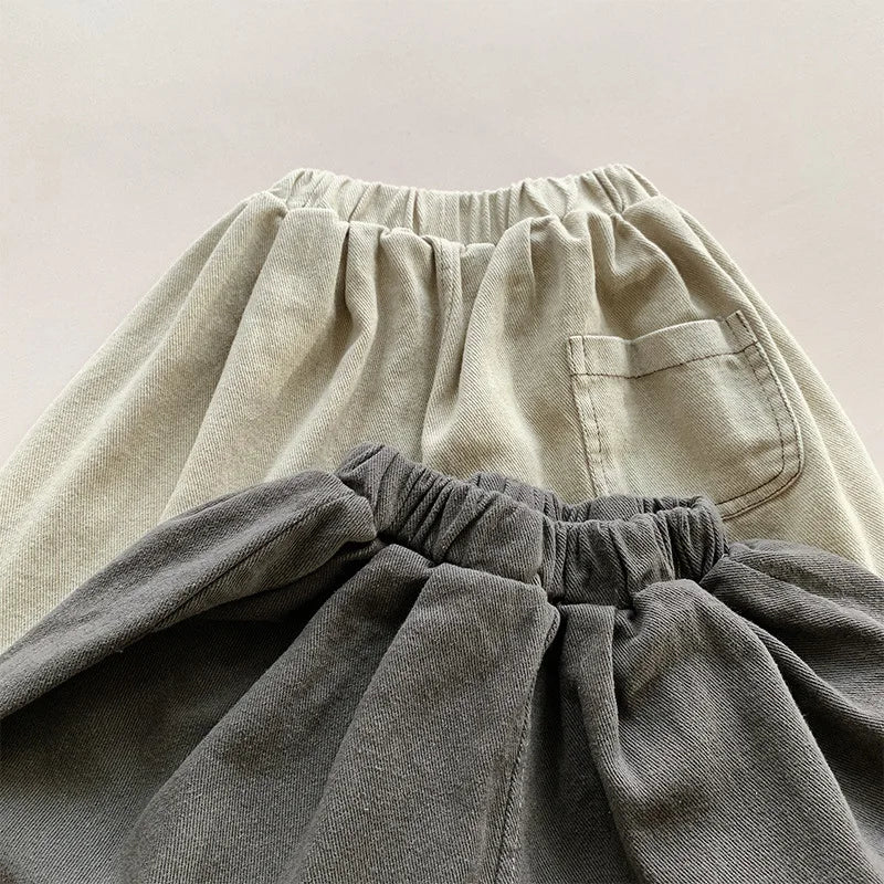 Toddler Wide Leg Pants with Elastic Waist and Stitched Patch Pockets, Apricot or Dark Gray Casual Harem Trousers for Boys and Girls, 12M–6T