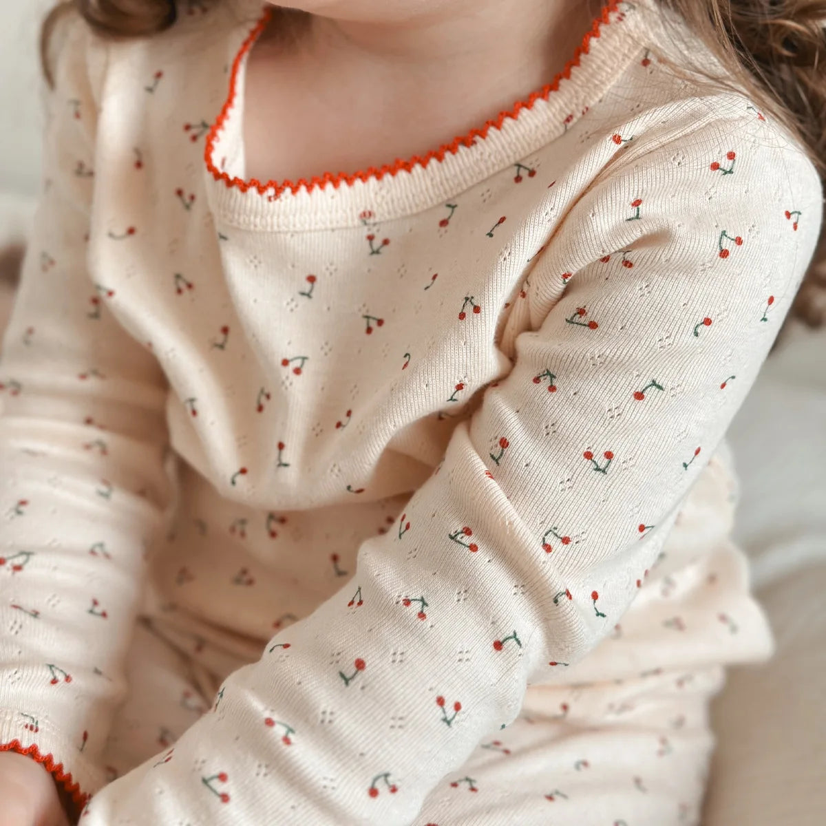 Cherry Print Girls Cotton Pajama Set, Cream Long Sleeve Top and Matching Pants with Red Picot Trim, Two-Piece Toddler Homewear, 1-6T