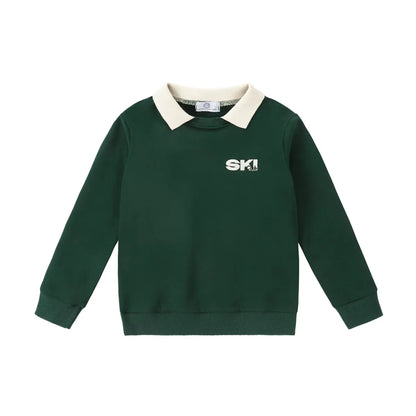 Kids Ski Graphic Cotton Outfits in Ecru, Hunter Green and Acid Wash Grey, Coordinating Sweatshirts, Dresses and Baby Sets for Sibling Matching Looks
