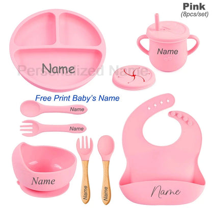 Personalized Silicone Baby Tableware Set, 8-Piece Collection with Divided Plate, Suction Bowl, Pocket Bib, Straw Cup and Two Utensil Pairs
