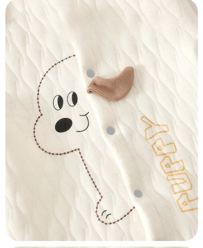 Quilted Baby Snap-Front Romper with Cartoon Dog or Dinosaur Details, Long Sleeve Footless Jumpsuit with Contrast Cuffs for Infant Everyday Outfits