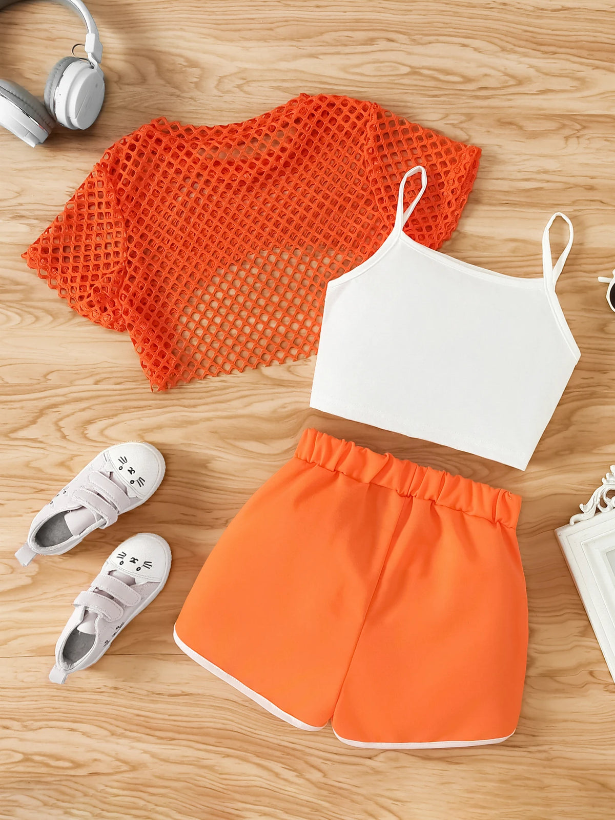 Girls Mesh Top and Shorts Outfit with Brooklyn Print Cami, Three-Piece Summer Set with Short Sleeves and Elastic Waist for Ages 8-12