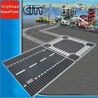 City Road Building Block Base Plates, 25.5 x 25.5 cm Single-Sided Street Panels for Brick Town Layouts, Traffic Scenes and Creative Construction Play