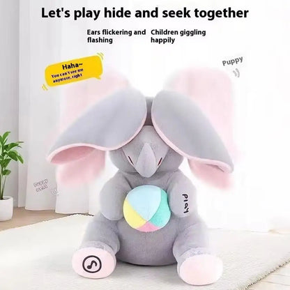 Peekaboo Singing Elephant Plush Toy, 25 cm Gray Interactive Musical Stuffed Animal with Moving Ears for Supervised Toddler Play Over 12 Months