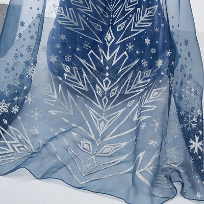 Girls Ice Princess Costume Dress with Long Sleeves, Fluffy Collar and Snowflake Cape, Blue Snow Queen Outfit for Birthdays and Halloween