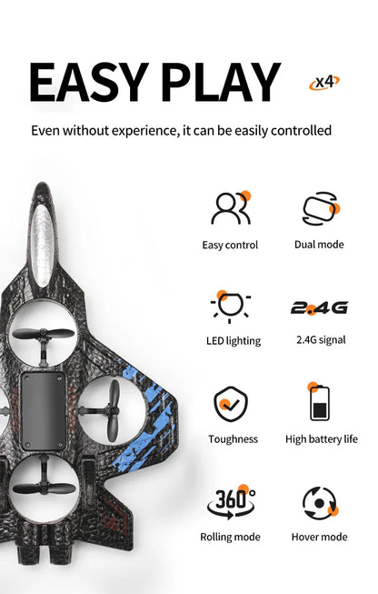 RC Fighter Drone with Lights, 2.4GHz Remote Control Foam Quadcopter in Red or Blue, Approx. 10-Minute Flight Time for Aviation Hobby Play