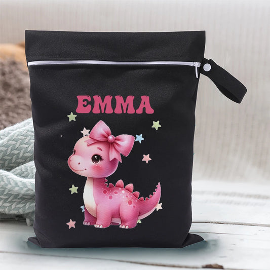 Dinosaur Wet Bag with Personalized Name Design, 40 x 28 cm Polyester Diaper Storage Pouch with Waterproof Membrane for Swimwear and Kids Essentials