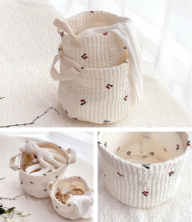 Diaper Storage Basket with Cute Bear Embroidery and Carry Handles, Quilted Nursery Organizer for Newborn Diapers, Toys and Baby Essentials
