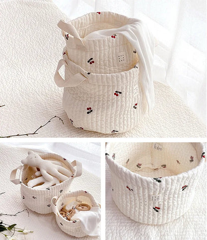 Diaper Storage Basket with Cute Bear Embroidery and Carry Handles, Quilted Nursery Organizer for Newborn Diapers, Toys and Baby Essentials